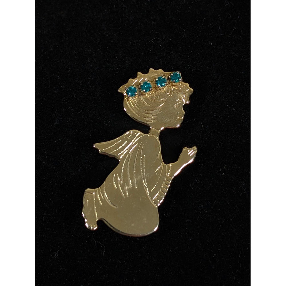 Vintage Praying Child Brooch Gold Tone Blue Rhinestone Religious Pin Birthstone